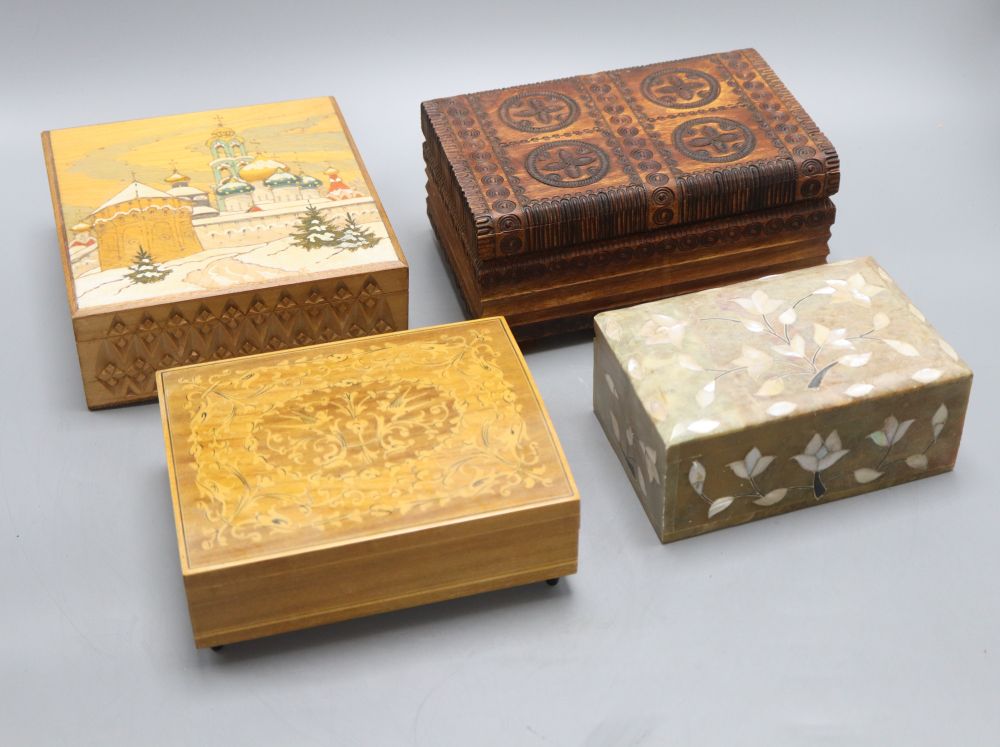 A Russian painted box, 17 x 6.5cm and three other boxes